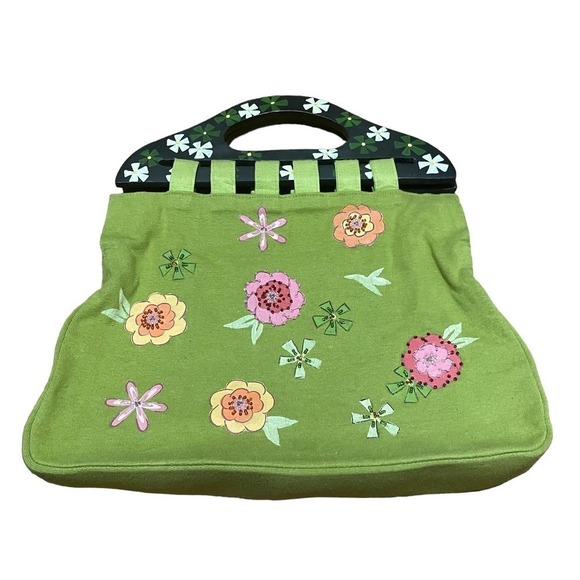 Usindo Handbags - USINDO Green Fabric Purse w/Floral Design & Wooden Handles